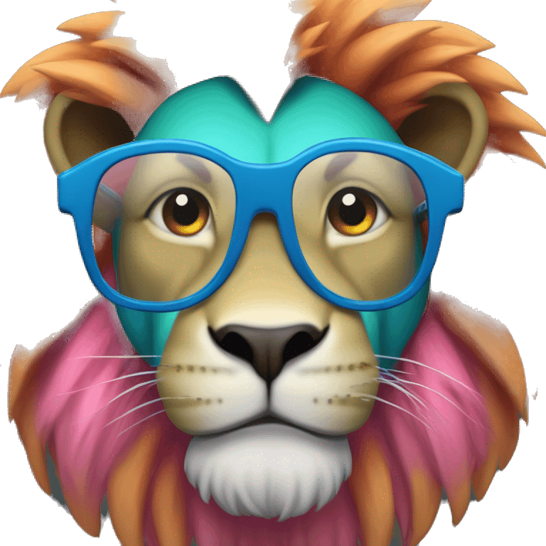 smyart lion with glasses being technical. Lion is blue, green, pink and orange emoji