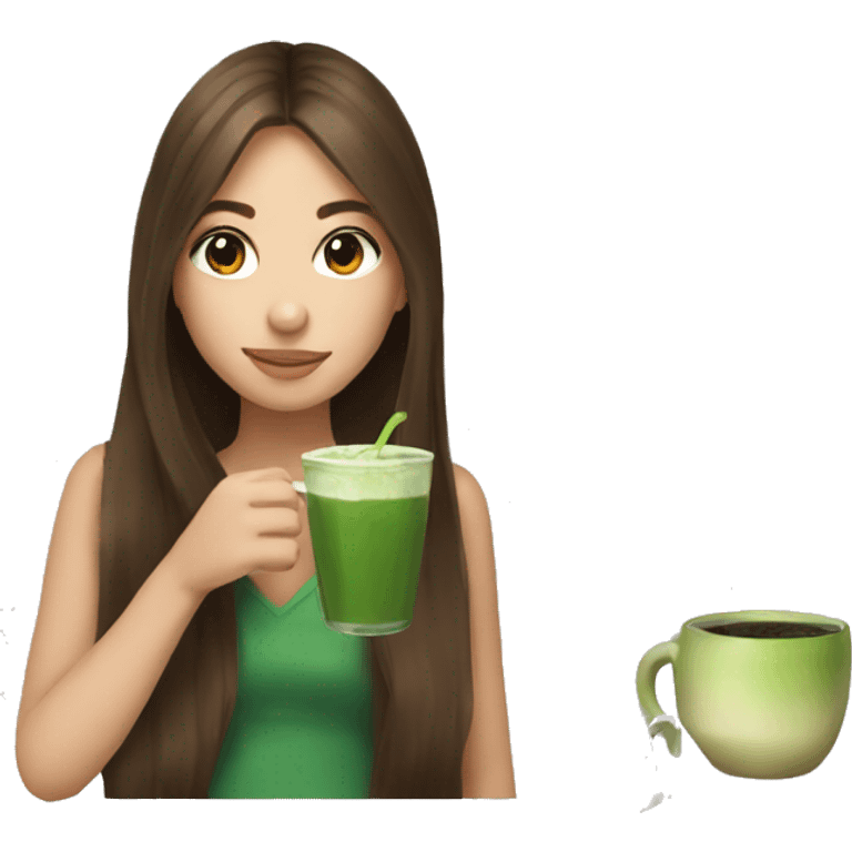 Girl with long brown hair drinking matcha emoji