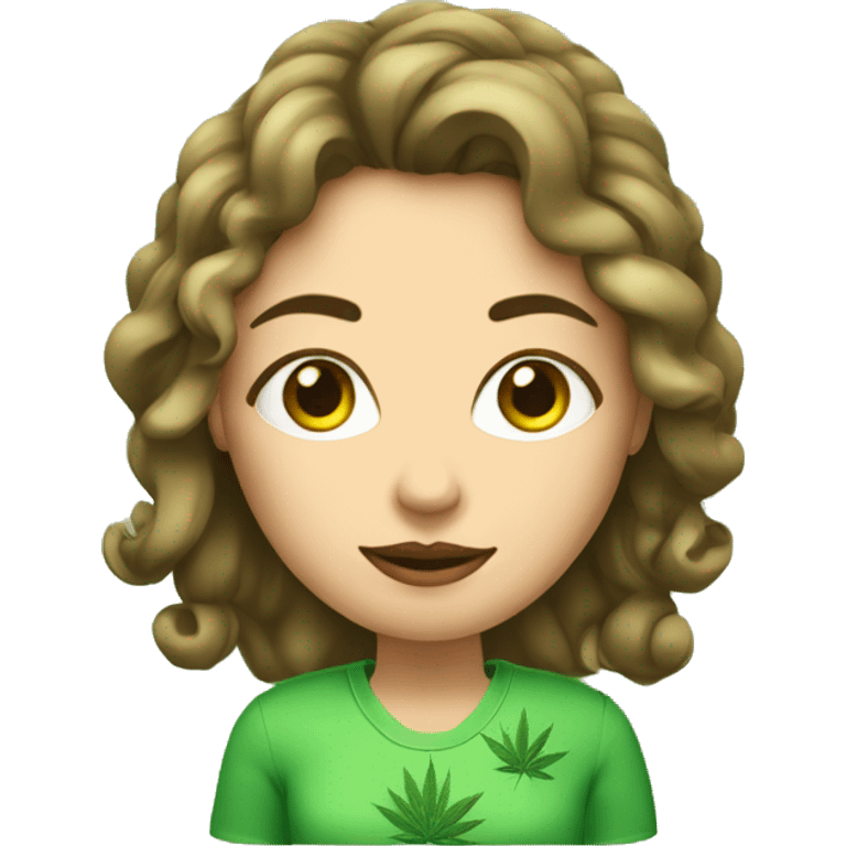 mujer con rulos cortos, ojos verdes claros con cannabis en la mano  emoji