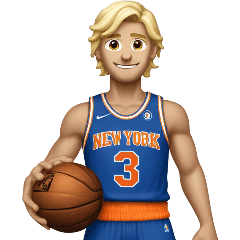 Blond guy of medium build dunking a basketball with New York Knicks colours and a number 3 jersey, surname bell emoji