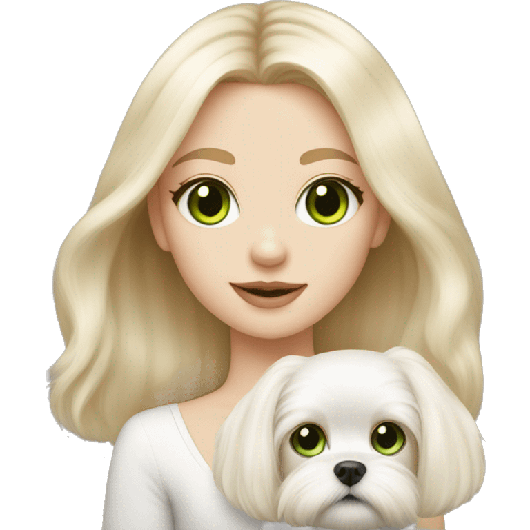 Blonde girl, pale skin, green eyes with long fur Maltese puppy emoji