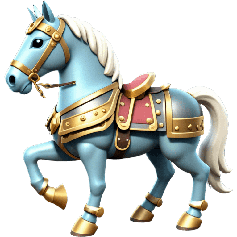 Clash of Clans aesthetic: Cinematic Playful Armored Horse Emoji, rendered in a 3D vector-style similar to standard emojis with minimal shading and bold, simplified shapes. A compact, isometric warhorse outfitted in intricately detailed armor with noble accents, softly glowing with a gallant medieval carriage charm. Simplified yet unmistakably iconic, highly detailed and consistent, glowing with a soft radiant shine and high polish. Stylized with a touch of heroic elegance and a soft glowing outline, capturing the essence of a noble steed ready for battle with a friendly, playful air! emoji