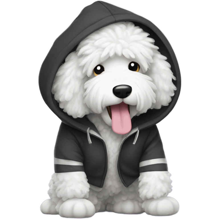 Sheepadoodle wearing a hoodie dancing  emoji