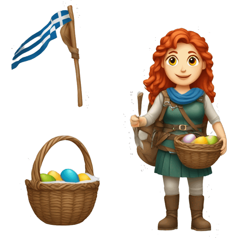 red hair female winter mountaineer offering Easter basket and Greek flag emoji