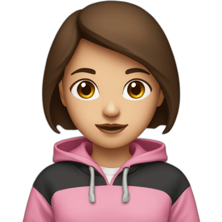 Girl with short brown hair and brown eye who wearing black hoodies with pink pants  emoji