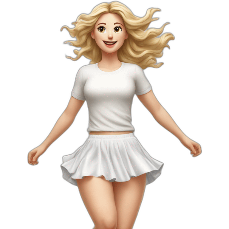 hyperrealistic-full-body-caucasian-curvy-beauty-jumping-small white-skirt-back-and-front-views-strong-wind-knickers white socks emoji