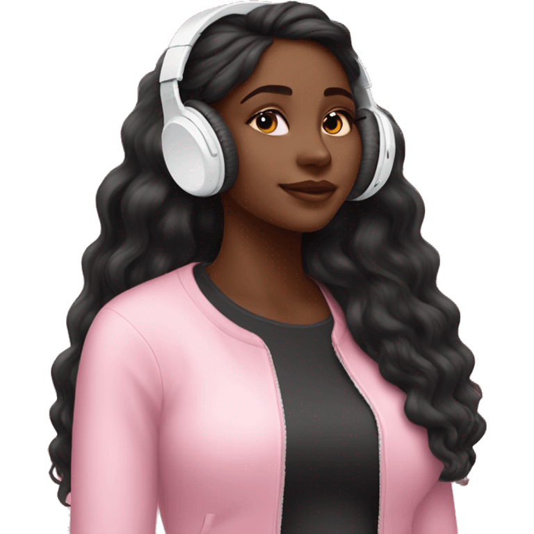 Pretty black woman long hair listening to AirPod pro earbuds pink  emoji