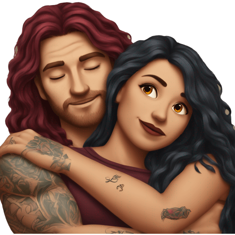 Beautiful tattooed burgundy long haired woman laying on the boyfriends chest emoji