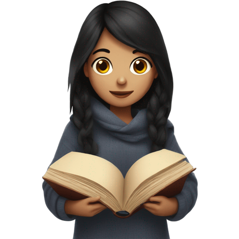 Cozy dark haired girl ready a book with blanket emoji