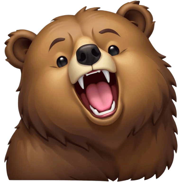 Cinematic Cute Yawning Grizzly Bear Portrait Emoji, Head tilted slightly with a dramatic, wide-open yawn, showcasing a thick, rugged deep brown fur with drooping ears, round eyes barely open in drowsy contentment, Simplified yet irresistibly adorable features, highly detailed, glowing with a soft, cozy glow, high shine, relaxed yet expressive, stylized with a touch of wild whimsy, bright and endearing, soft glowing outline, capturing the essence of a sleepy yet affectionate grizzly, so drowsy it feels like it could stretch out of the screen and curl up for a nap! emoji