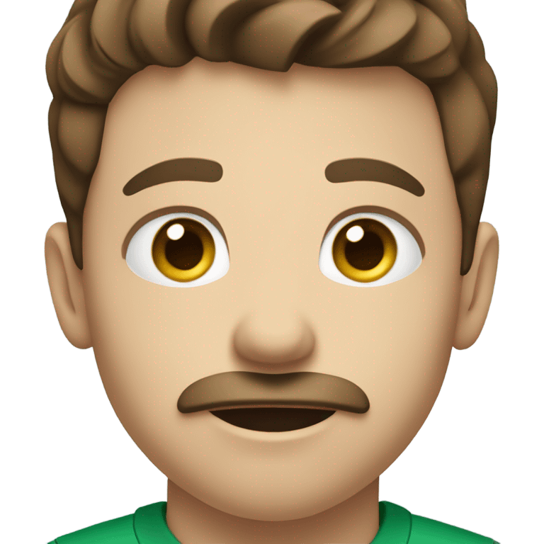 boy with brown hair and blue eyes with a moustache. wearing a green shirt. holding a football  emoji