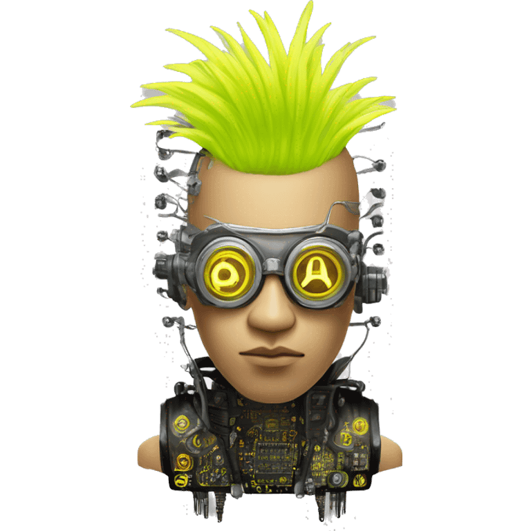 Neon yellow Mohawk hair Asian male cyborg head with silver steampunk goggles and circuits emoji