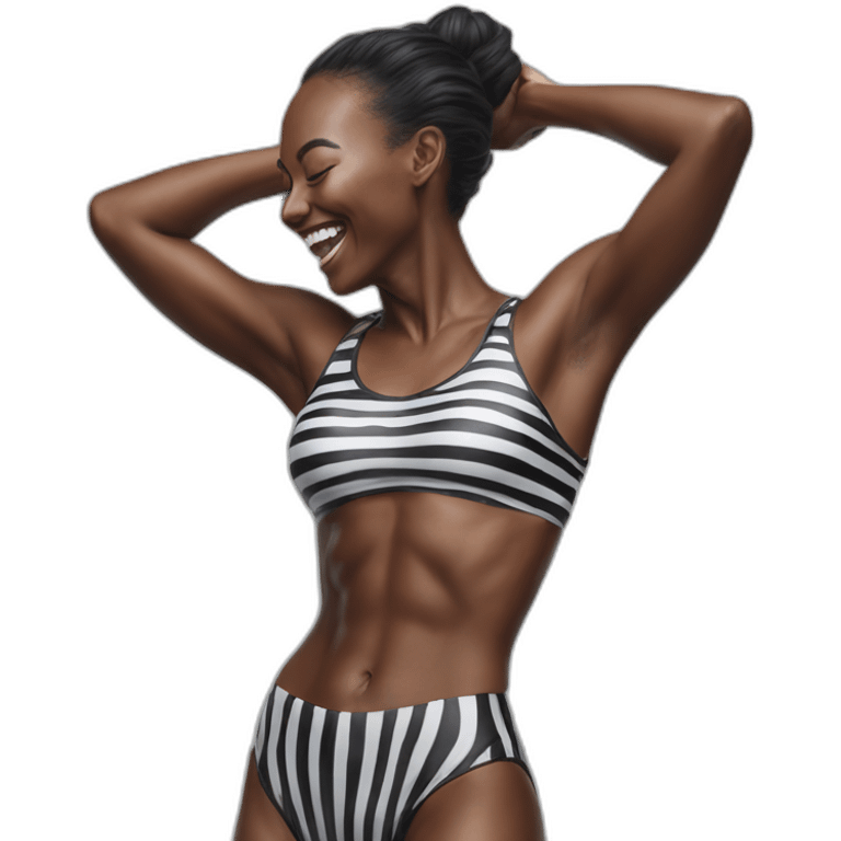 Hyper-realistic tall laughing fitness model in striped body paint from behind emoji