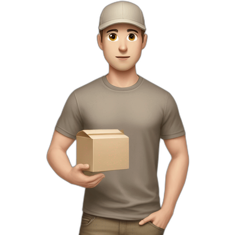 Pale skinned fit Man with dark brown hair in a beige cap, gray jeans and brown polo T-shirt keeping a pasted with tape white box into his hands emoji