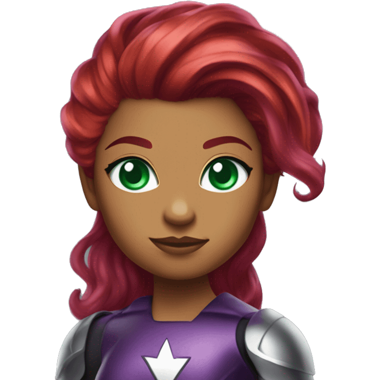 dc comics starfire firey red hair; purple silver outfit; emerald green eyes emoji