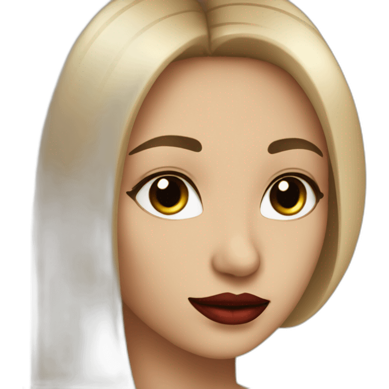 straight hair with black color ,red lipstick,black eyes, white skin and a small nose emoji