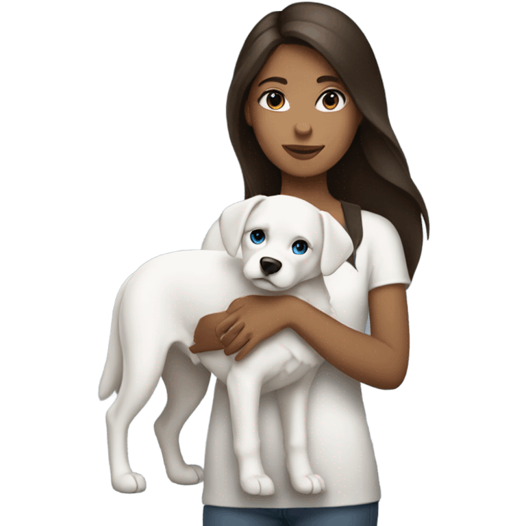 brunette girl with blue eyes holding a white dog emoji