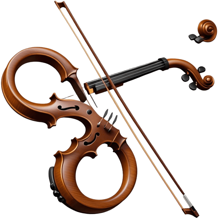 Create a refined and elegant emoji representing a bow crafted by Antonio Stradivari. The design should feature a beautifully detailed bow with intricate woodwork and fine metal fittings, emphasizing its craftsmanship. Include subtle elements like a hint of violin or viola strings to reflect its use. Use classic colors like dark wood brown, gold accents, and silver to convey the luxury and artistry of the bow. The background should be transparent. emoji