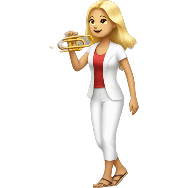 Blonde girl barefoot, black pedicures in flip flops and marching in place while playing trumpet  emoji