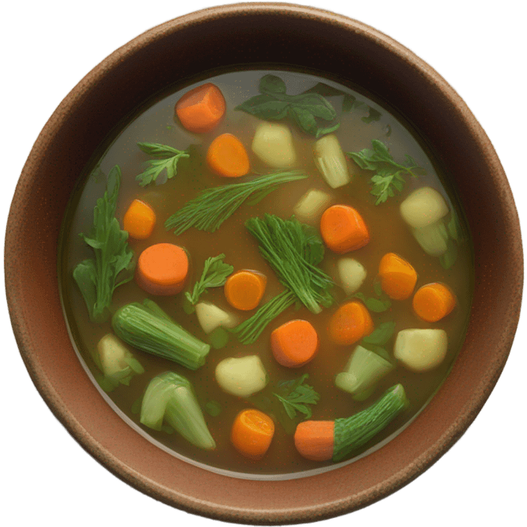 rustic vegetable broth in vintage bowl emoji