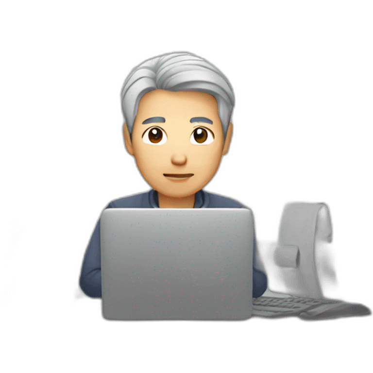 Asian Man gray hair sitting at computer emoji