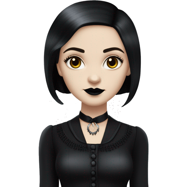   Hostess Wednesday Addams. very light skin face. Black lipstick and eyeshadow. Earrings matching necklaces. Long silky raven hair.  Silk pajamas separates, black high heel.  emoji