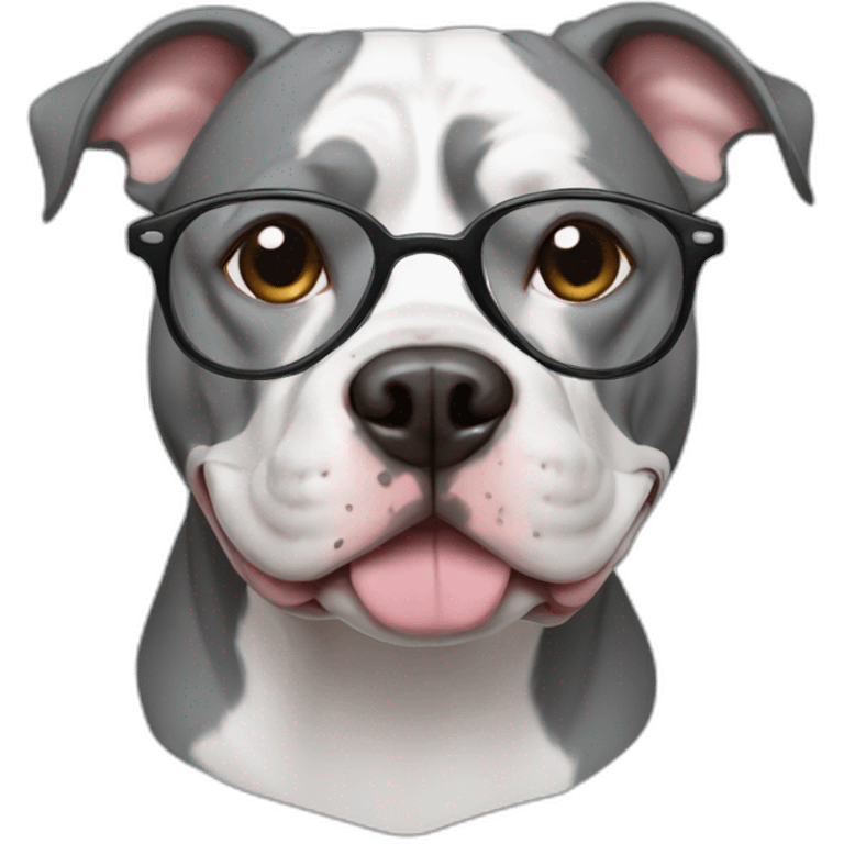 grey and white Pitbull with round reading glasses emoji