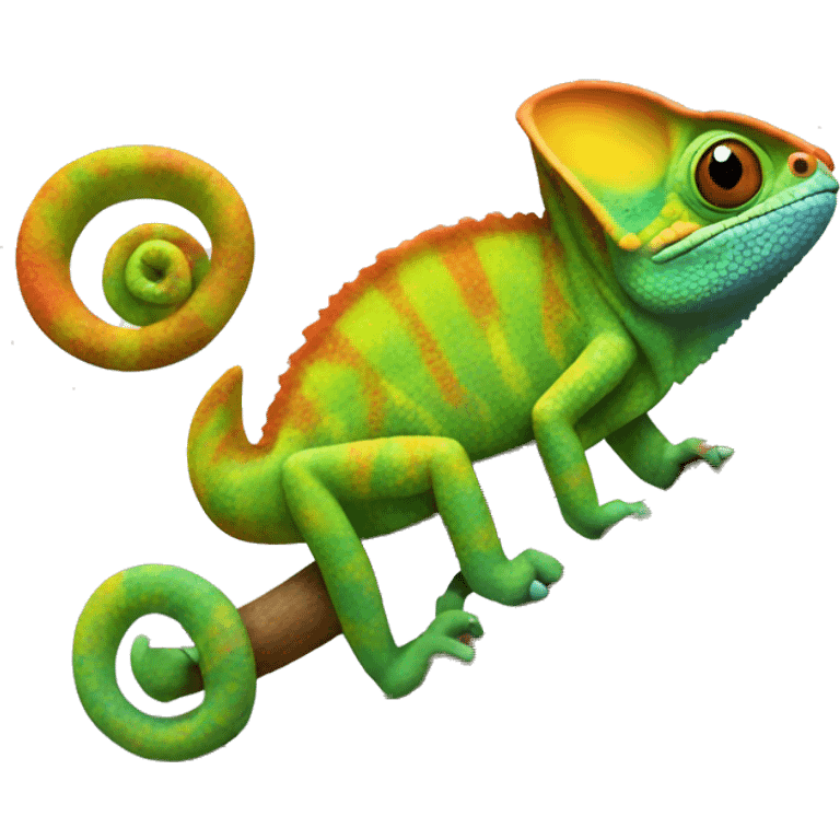 A multicoloured chameleon standing on a tree branch emoji