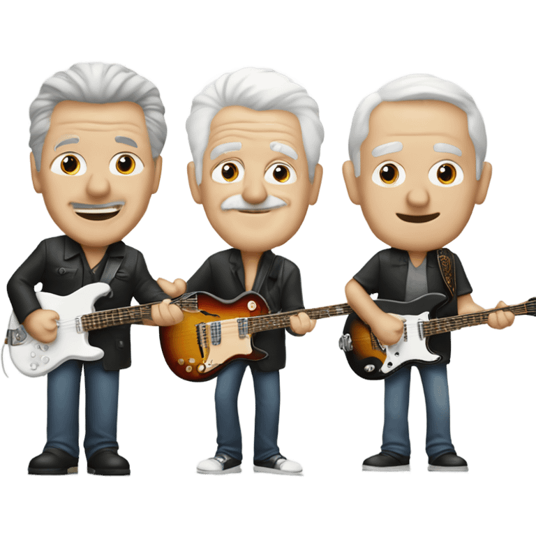 Three older white musicians. one on a Gibson guitar, one on a Fender bass and one on a drum emoji