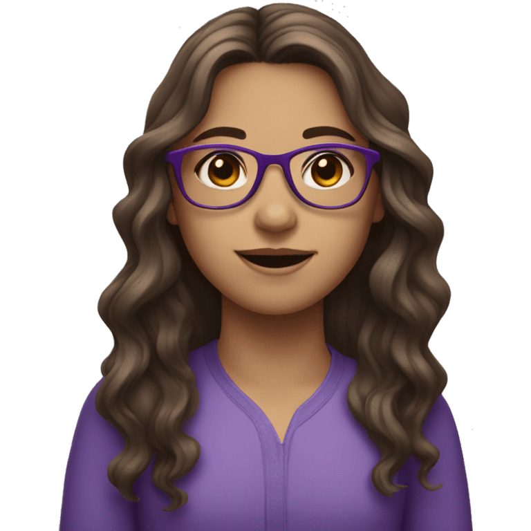 Girl who has brown hair and purple glasses, long wavy hair emoji