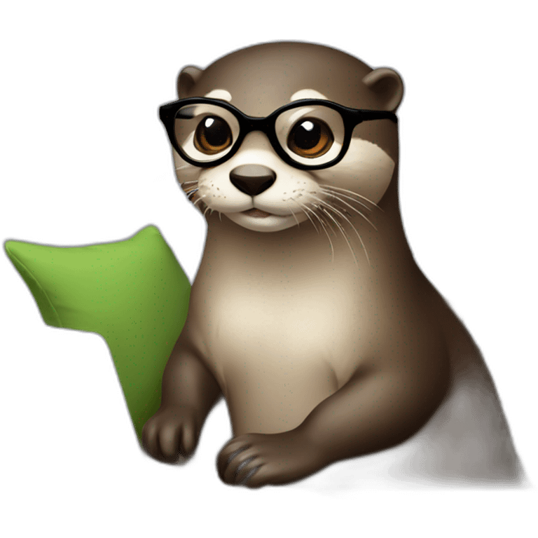 female otter with glasses use a macbook while seated against a pillow emoji