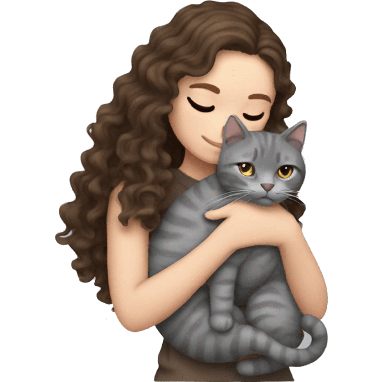 White Girl curly brunette hair cuddling with grey cat emoji