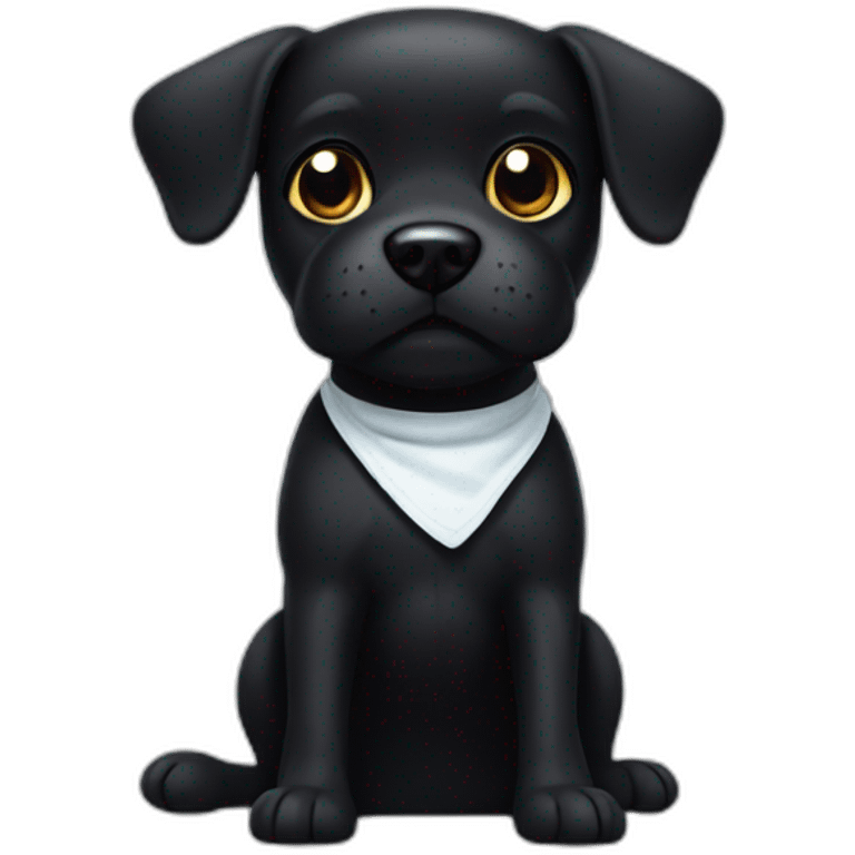 A small black dog with a White spot on stomach with sock in mouth emoji