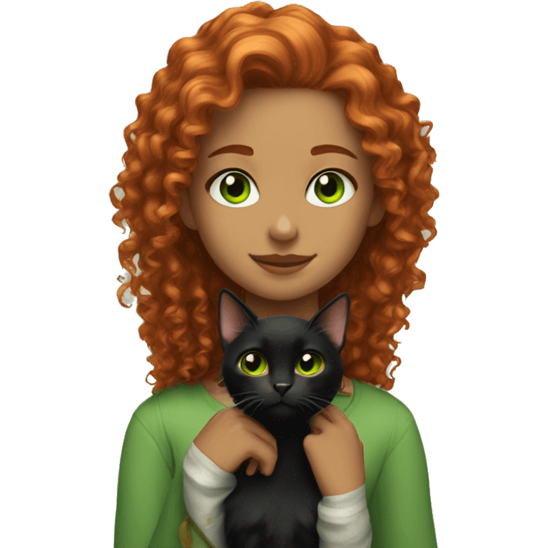 girl with copper curly hair and black cat with green eyes emoji