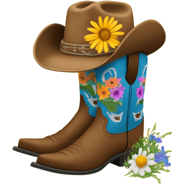 Cowboy Boots with wildflowers sitting inside them and a cowboy hat around them emoji