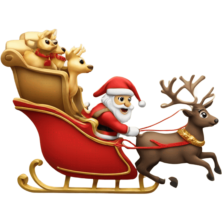 Santa Claus riding his red and gold sleigh which is being pulled by 8 reindeer emoji