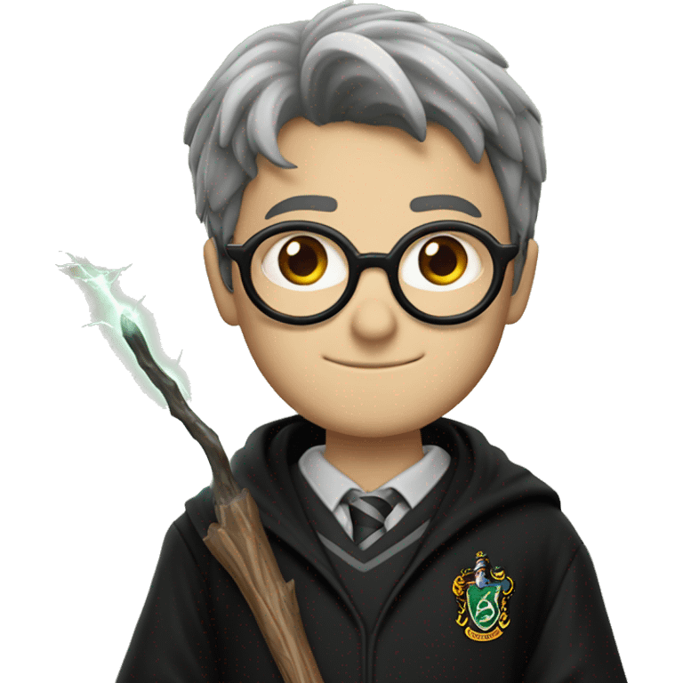 Harry Potter with lightning scar and glasses and hogwarts outfit and his wand emoji