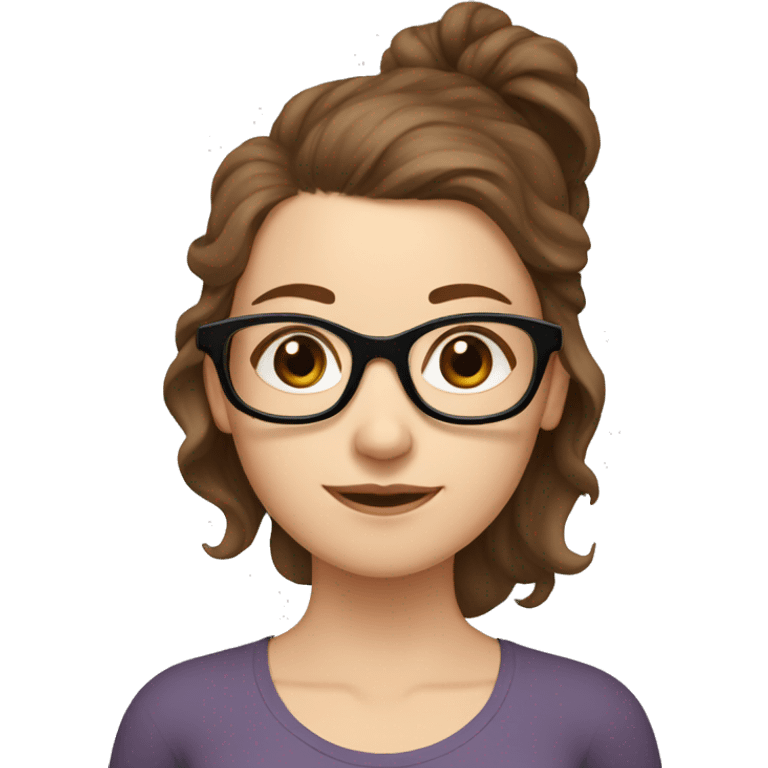 White girl with wavy brown hair, brown eyes and black glasses doing yoga emoji