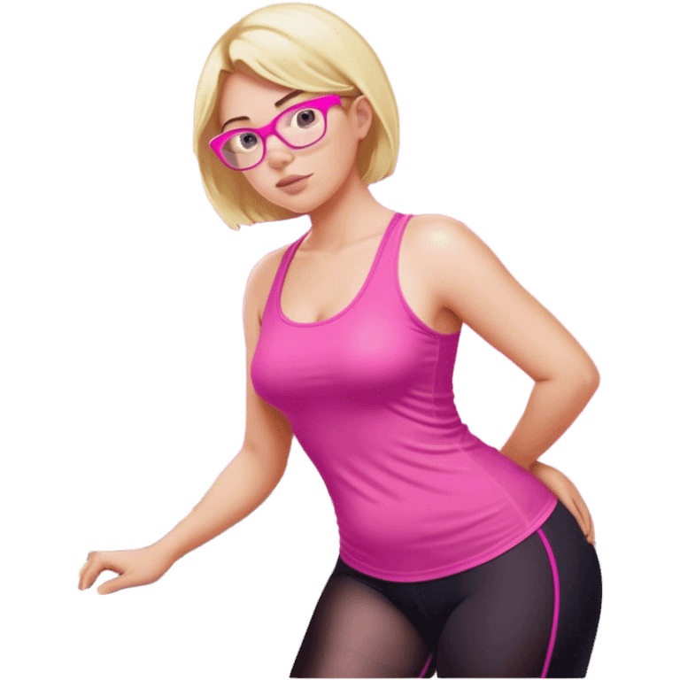 Curvy fair and freckled skinned woman, short blond hair, small light purple reading glasses, washing dishes, short flowing sheer hot pink tank top, without undergarments SFW, black yoga pants, thick booty emoji