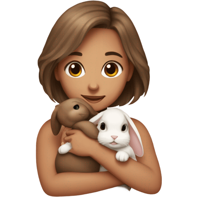 girl with bob hair hugging brown bunny mini lop emoji