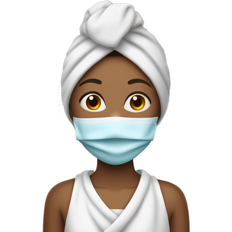 A girl with a towel on her head and a mask on her face emoji