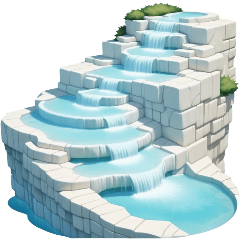 Cinematic Realistic Pamukkale Landmark Emoji, showcasing surreal cascading terraces of thermal waters rendered with ethereal textures and soft, luminous lighting. emoji