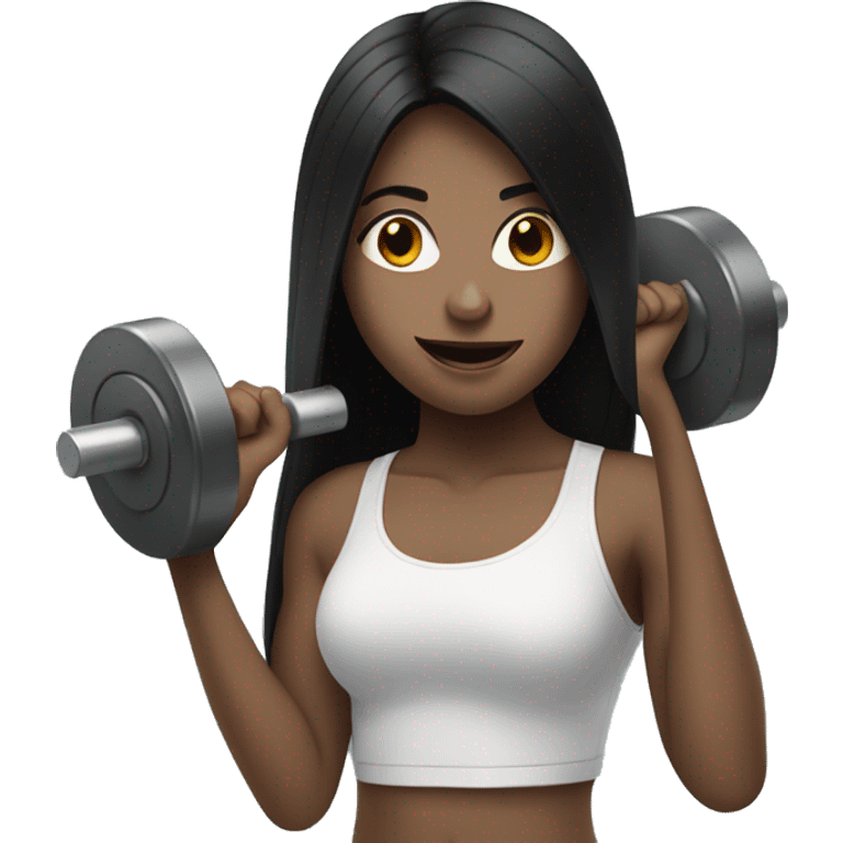 Pale girl with long black hair lifting weights emoji