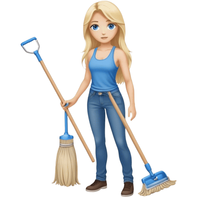 Cinematic realistic blonde with long hair and blue eyes, dressed in jeans and a tank top, holding a mop in her hands emoji