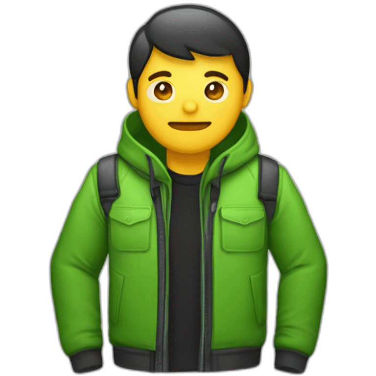 emoji seorang programmer, berkacamata, rambut hitam, kumis tipis, memakai jaket hijau, memakai ransel dan memegang laptop emoji