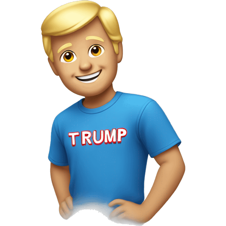 smiling boy in blue shirt with Trump emoji