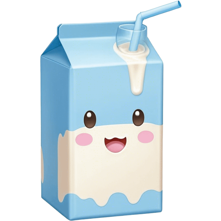 Cute Kawaii Milk Carton, small and boxy, bright pastel blue and white, blushing cheeks, a tiny straw poking out, soft glowing highlights, adorable farm-fresh cuteness! emoji