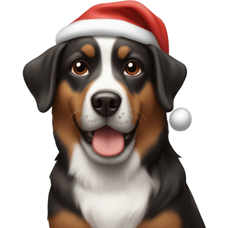 brown and black dog in a christmas hat next to present  emoji