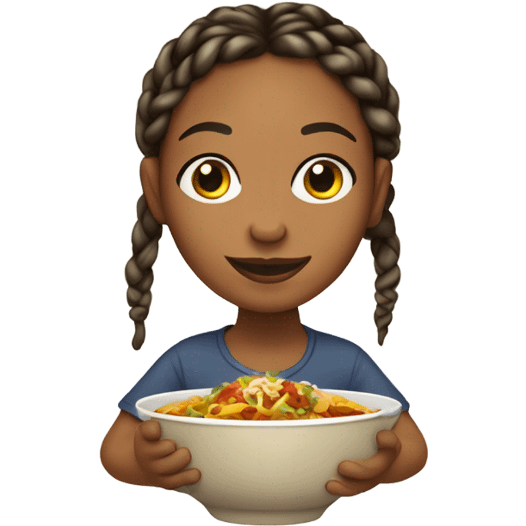 Medium skin tone girl with twists/braids eating taco soup emoji