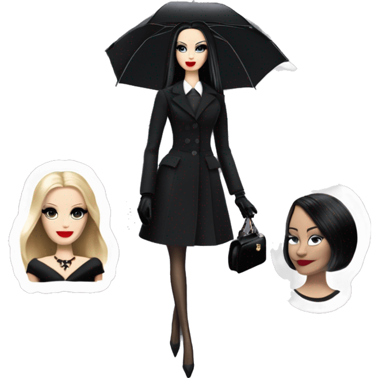 Parisienne Pretty Barbie,Morticia Addams at a rainy funeral holding umbrella, funeral mask,gloves, small purse  emoji